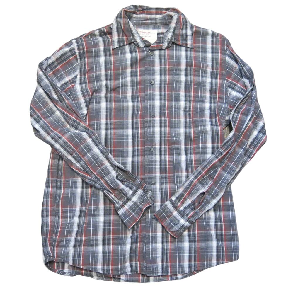 WRANGLER JEANS CO Button Down Plaid Shirt Size M Men Long Sleeve Gray Red Multi